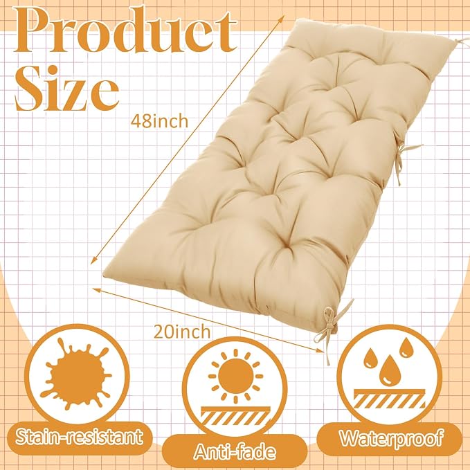 Wenqik Outdoor Bench Cushion 48 x 20 x 3 Inch Waterproof Patio Swing Cushion with Removable Zippered Cover Adjustable Ties Seat Pad for Porch Bench Garden Loveseat (Beige, Classic)
