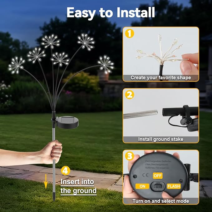 Solar Garden Lights Outdoor, Upgraded Solar Swaying Starburst Light Waterproof with 2 Modes, Solar Fairy Firework Lights for Yard Patio Pathway Flowerbed Balcony Garden Decoration (White, 4 Pack)