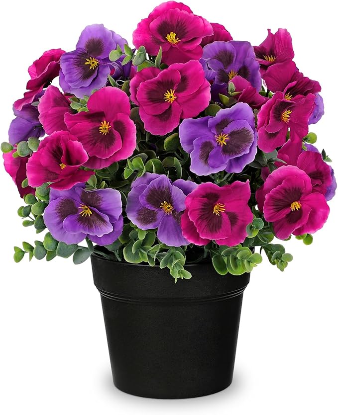 Briful Pansy Artificial Flowers, 13.7’’ Realistic Faux Pansy Flower in Black Pot, Fuchsia Fake Flowers for Indoor Outdoor Decor, Farmhouse Table Decor, All Seasons Flowers for Home Dining Porch Décor