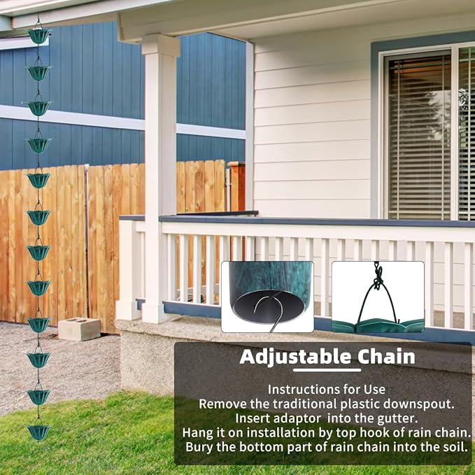 9FT Lotus Rain Chain in Antique Blue – Rain Chains for Gutters with 12 Cups, Adjustable Rain Catcher Chain with Bell for Eaves Drainage, Replacement for Downspout (Lotus Antique Blue)