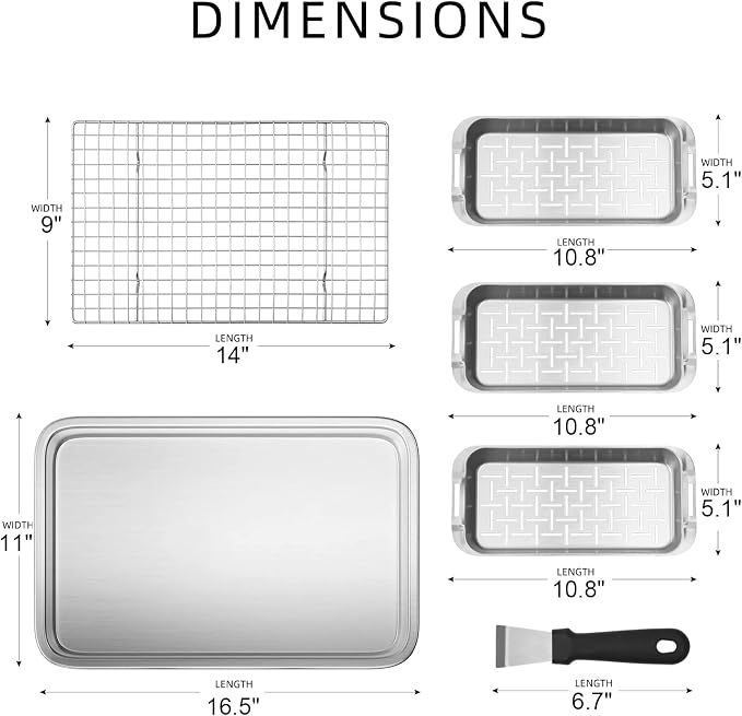 VIKEYHOME Grill Carry System, 6-Piece Stainless Steel Large Food Prep Tray, 16.5" x 11" Pan, Outdoor Grill with Cooling Rack for Vegetables, Fish, Meat, Great Grilling Gifts for Men