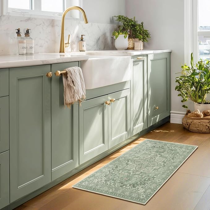 Sage Green 2x3 Washable Kitchen Rugs Non Slip, Cottagecore Cozy Ultra Thin Door Mats Indoor Entrance, Soft Vintage Medallion Entryway Rug, Small Rug for Inside Entry/Foyer/Bathroom/Bedside