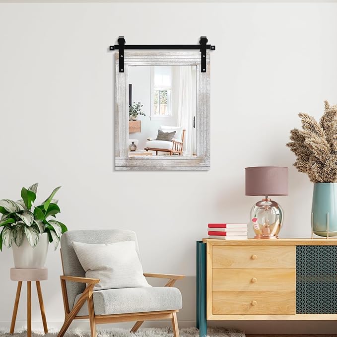 AAZZKANG Mirrors for Wall Rustic Barn Door Mirror with Wood Framed Rectangle Farmhouese Bathroom Mirror Decorative Hanging Mirror for Bedroom Vanity Entryway 20"x16"