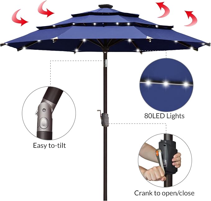 EliteShade USA 10-Year-Non-Fading 9ft 3-Tier Market Patio Umbrella, Commercial Table Umbrella with 80 Solar LED Lights, Crank Open, Windproof & UPF 50+ UV Protection for Garden, Deck, Pool, Backyard, Navy Blue
