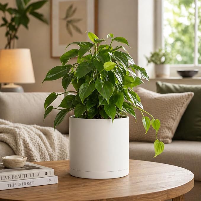 Giraffe Creation Cylinder Plant Pots 12/10/8 Inch Set of 3, Modern Round Planters with Drainage Holes and Saucers, Durable Plastic Flower Pots, White