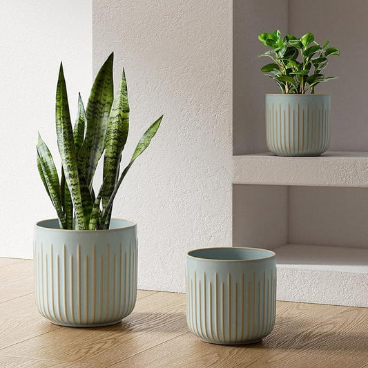 LE TAUCI Ceramic Pots for Plants, 8.3/7/6 Inch Indoor Planters with Drainage Holes & Mesh, Modern Glossy Glaze Cylinder Fluted Plant Pot for Snake Plant, Set of 3, Mist Gray