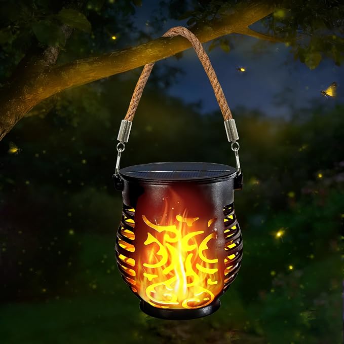 1 Pack Solar Lights Outdoor Waterproof Hanging Solar Lanterns Flame Lights | Flickering Flame, IP65 Waterproof, Auto On/Off Solar Powered, Hemp Rope Handle, Outside Garden Porch Indoor Tabletop Decor