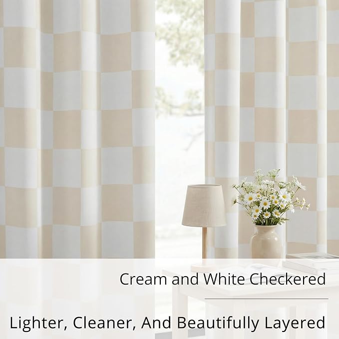 100% Blackout Checkered Curtains – 2 Panels, Each W52×L96, Thermal Insulated, Nosie Reducing for Bedroom, Modern Cream and White Checkerboard Design