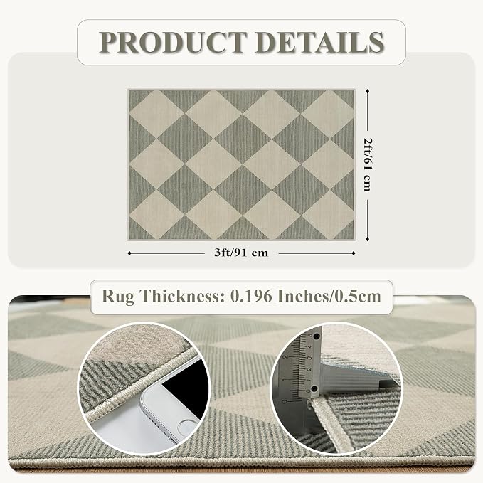 Beeiva Checkered Washable Entryway Rug 2x3, Non Slip Ultra Thin Green Front Door Mat Indoor Entrance Low Pile Small Kitchen Rug, Moroccan Contemporary Decor Neutral Accent Carpet for Bedroom Bathroom