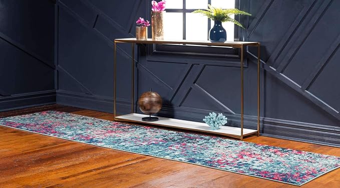 Unique Loom Jardin Collection Colorful, Vibrant, Abstract, Modern Area Rug (2' 7 x 10' 0 Runner, Blue/ Pink)
