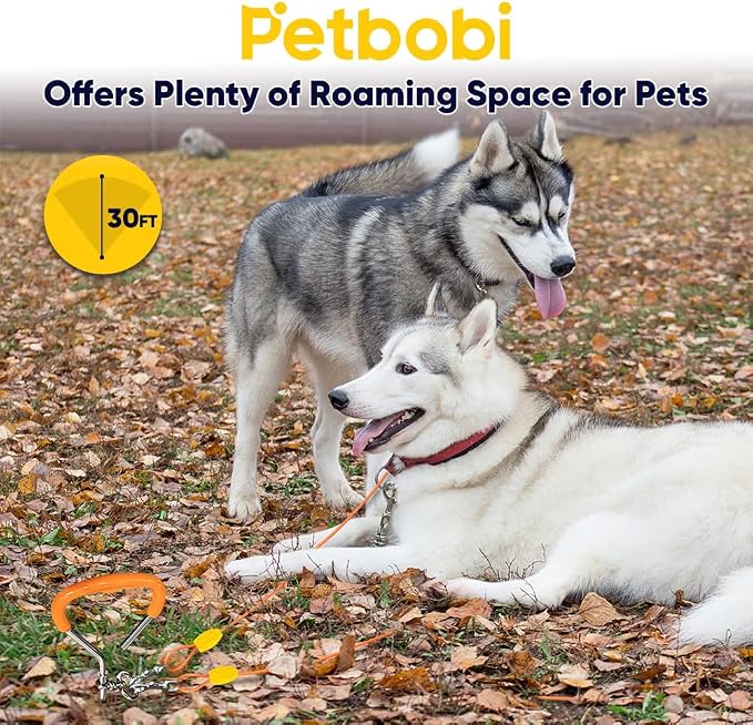 Petbobi Dog Tie-Out Cable and Stake - 30ft Heavy Duty Cable with Spring, No Tangle, 16in Ground Stake, Ideal for Outdoor Yard, Camping, Suitable for Small Medium Large Dogs Up to 120 lbs, Orange