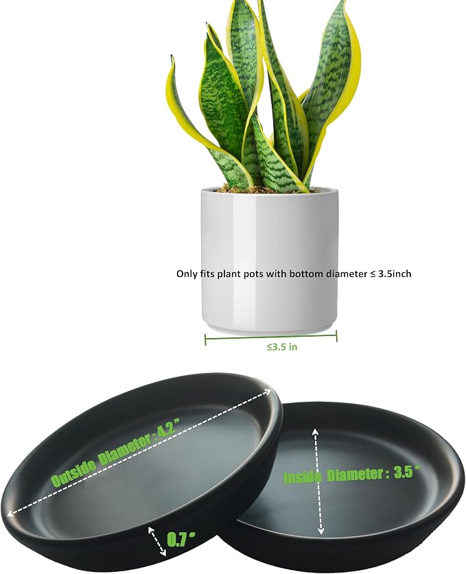 Ceramic Plant Saucer Tray 2 Pcs 3 4 Inch Black, 4.2" OD x3.5 ID x0.7 Deep| Round Sturdy Heavy Duty Glazed Bevel Planter Drip Flower pots with Catch Basin for Indoor Outdoor Plants(3" Black)