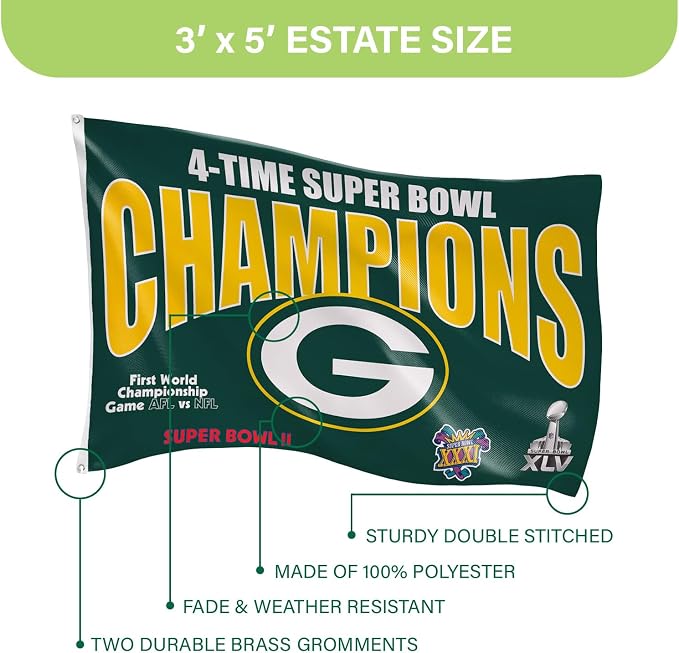 Team Sports America NFL Green Bay Packers Multi-Win Superbowl Champions 3x5 Flag for Outside with Grommets | Outdoor & Indoor | Heavy Duty Flag & Banner | Works with Flag Pole for Outside House