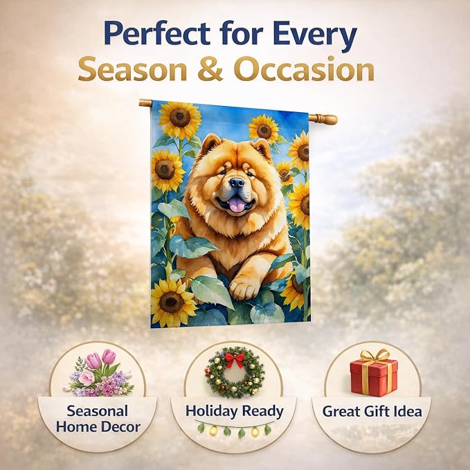 Caroline's Treasures DAC6055CHF Chow Chow in Sunflowers House Flag Large Porch Sleeve Pole Decorative Outside Yard Banner Artwork Wall Hanging, Polyester, House Size, Multicolor