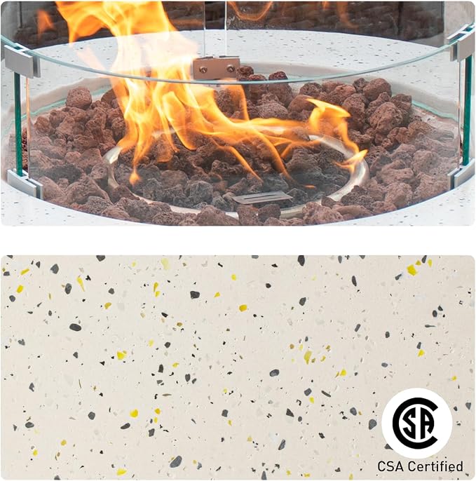 COSIEST 2-Piece Outdoor Propane Fire Pit Table Set w Tank Table, 28" Terrazzo Round Fire Table (Certified, 40,000 BTU) w 16" Tank Cover Side Table 20lb, Wind Guard, Rain Cover for Garden, Pool