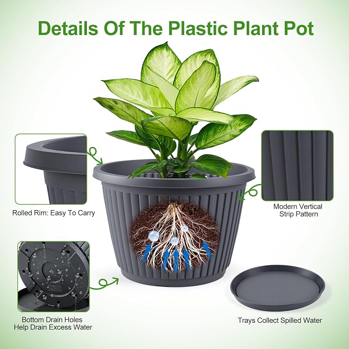 16-inch-Large-Planters-for-Outdoor-Plant，Plastic Indoor Flower Pots with Drainage Holes & Saucer，4 Packs Decorative Garden Pots for Plantfor Home Porch Decor