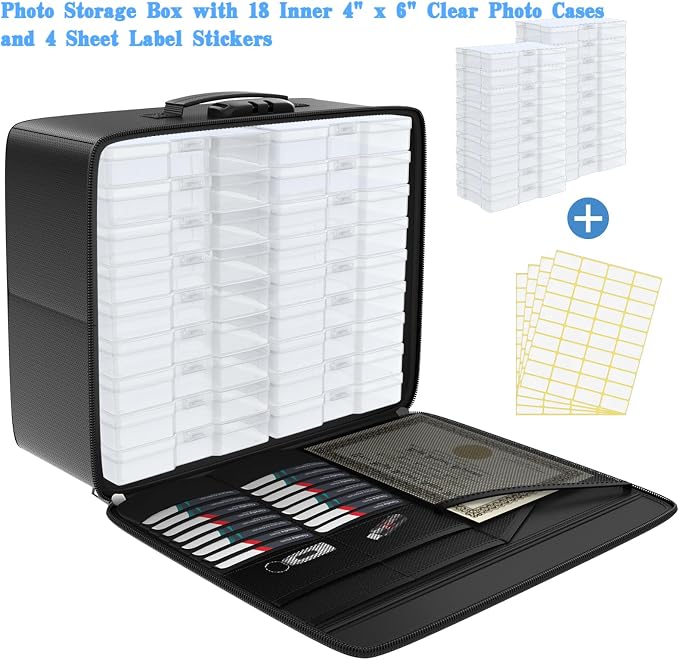 Fireproof Safe Photo Storage Box with 18 Inner 4" x 6" Clear Photo Cases, Portable Photo Organizer with Lock for Picture, Collapsible Photo Container with Handle and 18 Boxes 4 Sheet Label Stickers | Portable Photo Organizer with Lock for Picture, Coll...