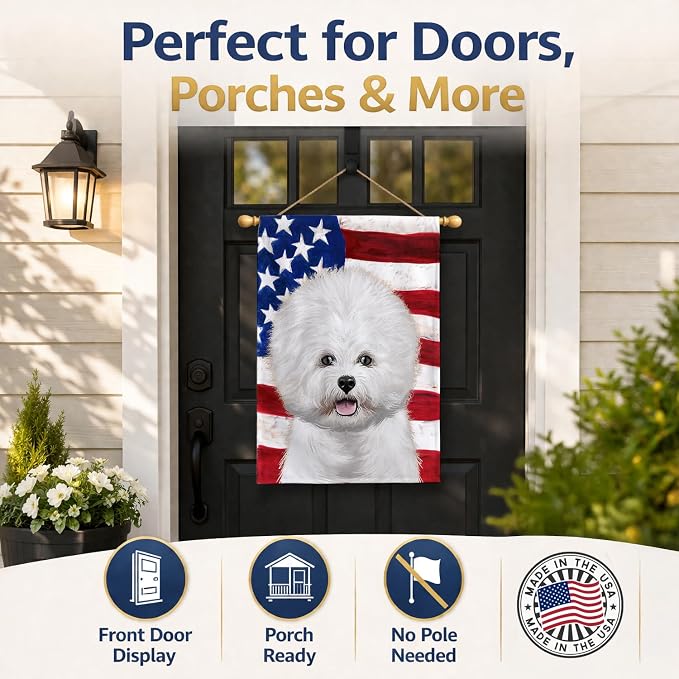 Caroline's Treasures CK6434CHF Bichon Frise American Flag House Flag Large Porch Sleeve Pole Decorative Outside Yard Banner Artwork Wall Hanging, Polyester, House Size, Multicolor