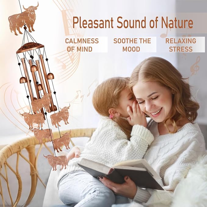 GDNSFIT Highland Cow Wind Chimes for Outside, Metal Windchimes Outdoors, Highland Cow Gifts for Women/Men, Memorial/Birthday Gifts, Garden Decor for Outside, Patio or Yard, Durable Chimes for Outdoors
