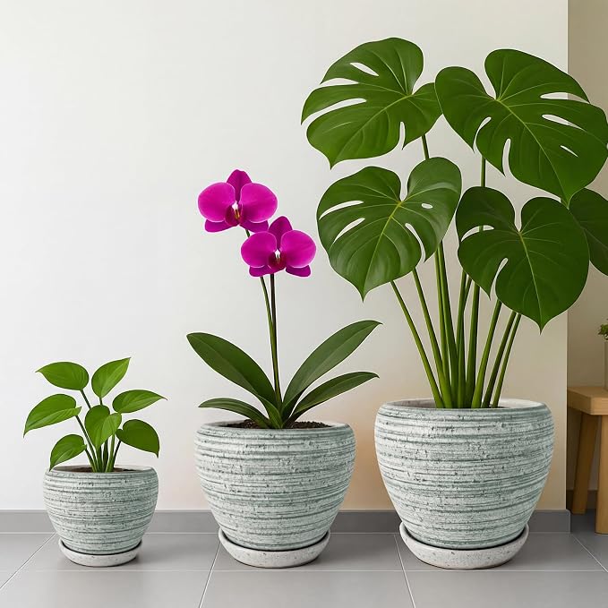 Deep Dream 8 Inch Plant Pots- Ceramic Pots for Plants with Drainage Hole and Saucer, Large Planter Pot for Indoor Plants Outdoor Decor, Brushed Green