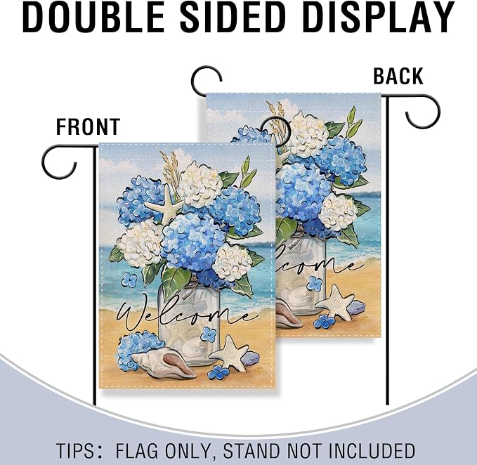 Artofy Welcome Spring Summer Flower Small Decorative Garden Flag, Hydrangea Floral Mason Jar Beach Coastal Yard Lawn Outside Decor, Nautical Conch Starfish Outdoor Home Decoration Double Sided 12 x 18