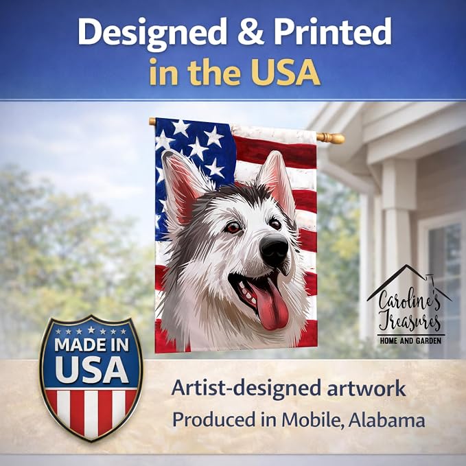Caroline's Treasures CK6629CHF Northern Inuit Dog American Flag House Flag Large Porch Sleeve Pole Decorative Outside Yard Banner Artwork Wall Hanging, Polyester, House Size, Multicolor