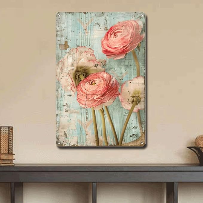 Metal Sign Tin Sign Vintage Wall Art Shabby Chic Ranunculus Tin Sign for Antique Floral Artistry Rustic Wall Art and Distressed Wood P Minimalist Wall Art for Pub 12×16 Inches