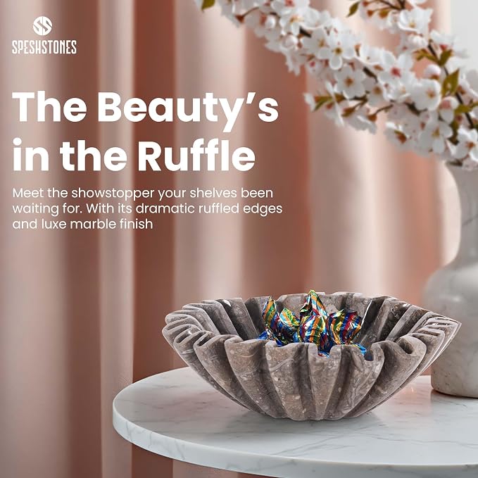 Marble Decorative Bowl Handmade 8 Inch Stone Ruffle Bowl, Fruit Bowl for Kitchen Counter, Large Scalloped Bowls for Housewarming Gifts, Modern Fluted Bowl for Home Decor