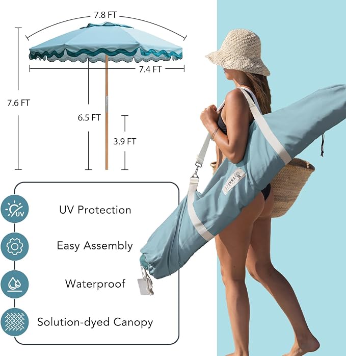 AMMSUN 7.8FT Outdoor Patio Umbrella, Boho Market Table Umbrella Wood Pole | Heavy-Duty Build Quality, UPF 50+ Sun Protection and Waterproof Canvas, Hand-Crafted Ash Wood Pole, Air Vent, a Carry Bag