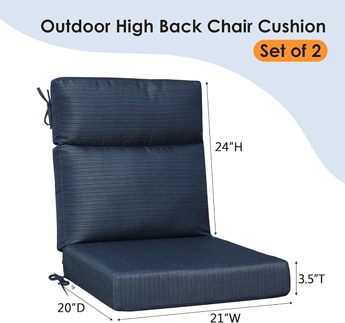 Unimatta Outdoor High Back Chair Cushion Seat Pads, 44 x 21 Inch Water-Repellent & Fade-Resistant Patio Furniture Cushions with Ties for Adirondack, Rocking Chairs, Dark Blue Linen