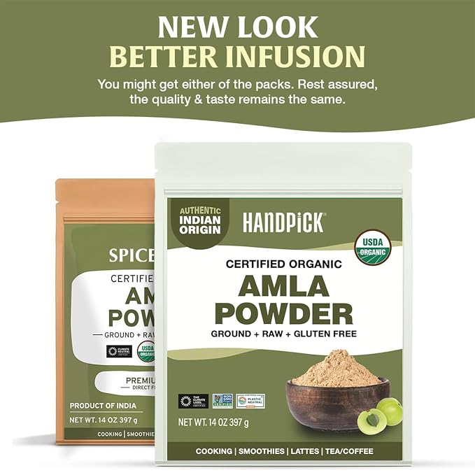 HANDPICK Organic Amla Powder (14oz) Amalaki, USDA Organic, Non-GMO | 100% Raw and Natural - Lab Tested for Purity | Indian Gooseberry Powder | Resealable Zip Lock Pouch (Packaging may vary)