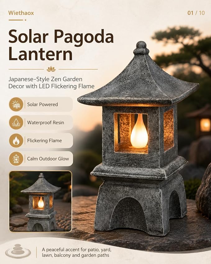 Solar Pagoda Lantern Japanese-Style with LED Flickering Flame Light, Zen Garden Statue Waterproof Resin Stone Finish Outdoor Decorations for Patio Yard Lawn, Housewarming Gifts for Mom Women