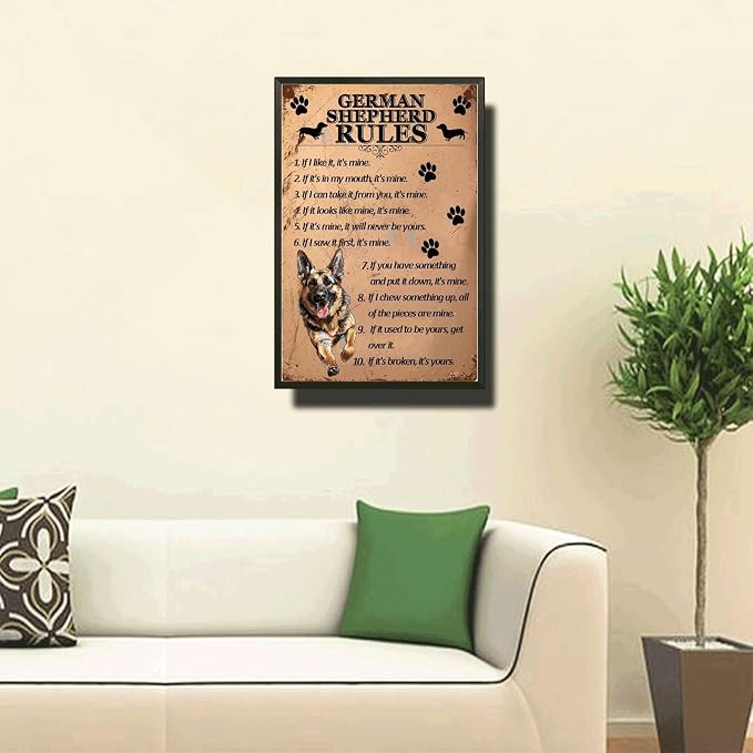 Metal Sign Tin Sign Vintage Wall Art German Shepherd Rules Inspirational Wall Art for Restaurant 8×12 Inches with Metal Frame