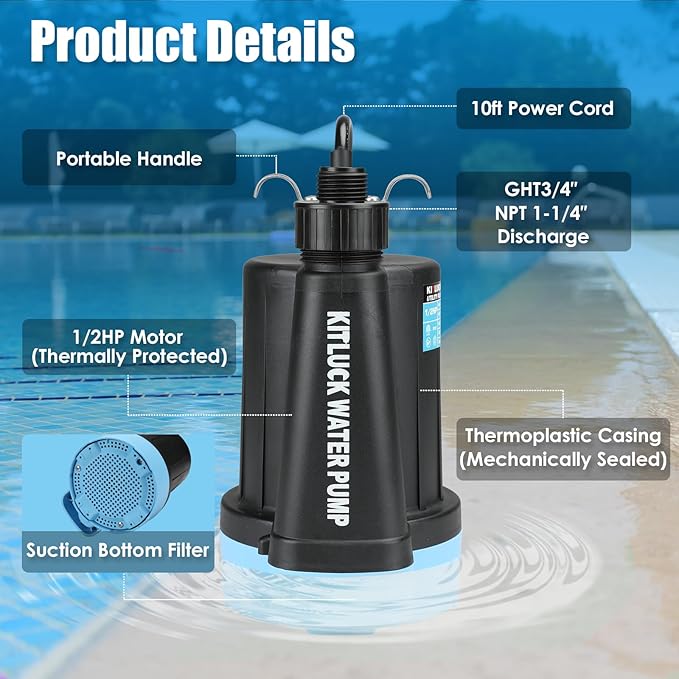 KITLUCK Submersible Water Pump, 1/2HP Thermoplastic Sump Pump, Portable Utility Pump with 10ft Cord, Hose Adapter, 2000GPH High Flow Water Removal for Swimming Pool, Garden Pond, Flood Basement, Tub