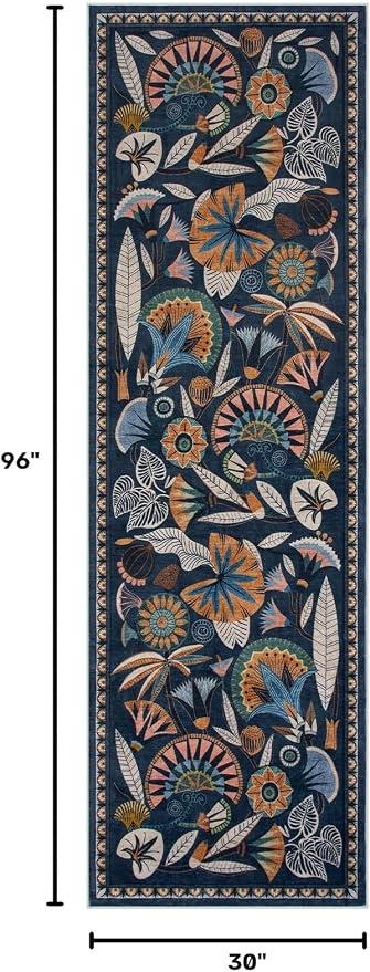 Zealude Egypt Floral Kitchen Runner Rugs Non Skid Washable,2x8 Boho Vintage Hallway Bathroom Runner Rug Non Slip,Soft Long Carpet for Laundry Room Entryway Bedroom (Dark Blue,2 x 8)