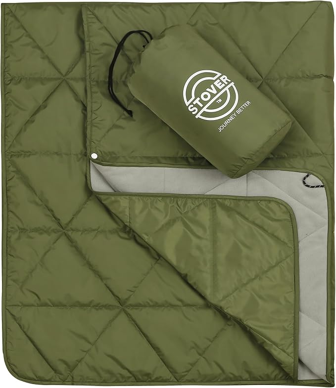 STOVER Outdoor Waterproof Fleece Travel Blanket for Camping, Picnics, Stadiums, Sports, the Beach– Warm, Windproof, Compact, Lightweight & Sand-Resistant (Olive Green)