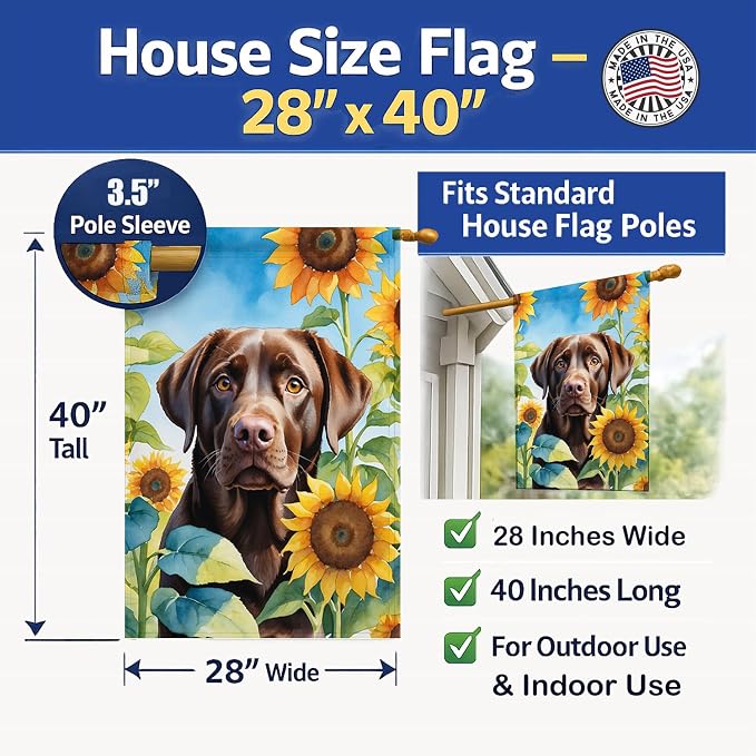 Caroline's Treasures DAC6110CHF Labrador Retriever in Sunflowers House Flag Large Porch Sleeve Pole Decorative Outside Yard Banner Artwork Wall Hanging, Polyester, House Size, Multicolor