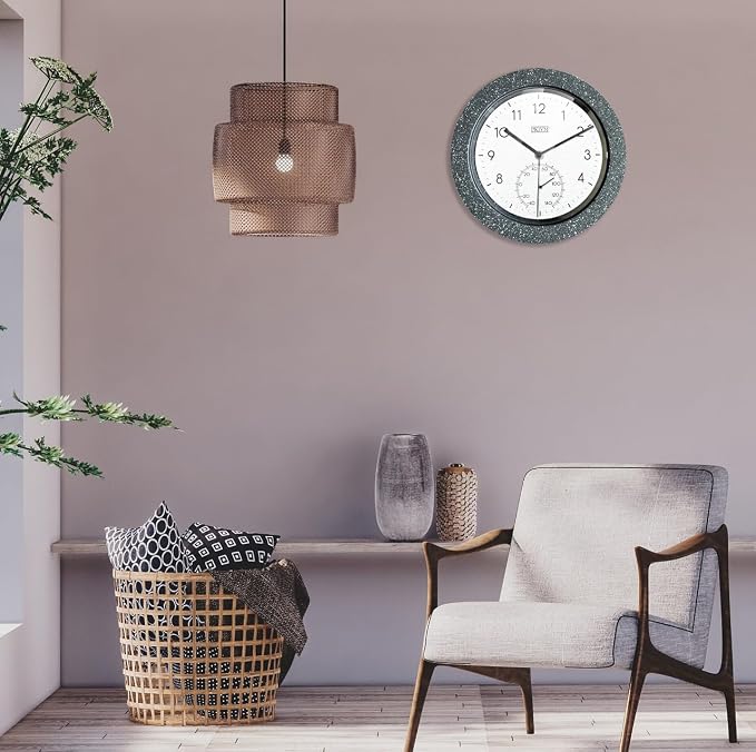Kmok 9.8" Faux Concrete Wall Clock with Thermometer | Battery Operated, Indoor Use, Silent Sweep, Concrete Grey