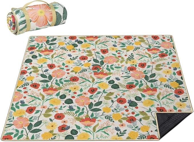 Picnic Blankets Waterproof Foldable Extra Large,80"x 80" Outdoor Beach Blanket Sandproof,3-Layer Lightweight Handy Mat Tote Picnic Camping Rugs for Outside Your Rv (Strawberry Floral Botanical Poppy)