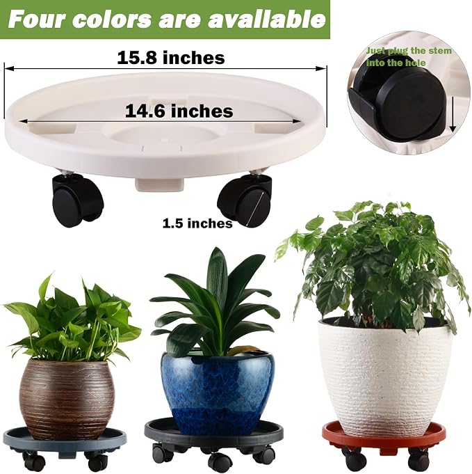 5 Pakcs Large Plant Caddy with Wheels 15.8" Rolling Plant Stands Heavy-duty Plastic Plant Roller Base Pot Movers Plant Saucer on Wheels Indoor Outdoor Plant Dolly with Caster Tray Coaster White