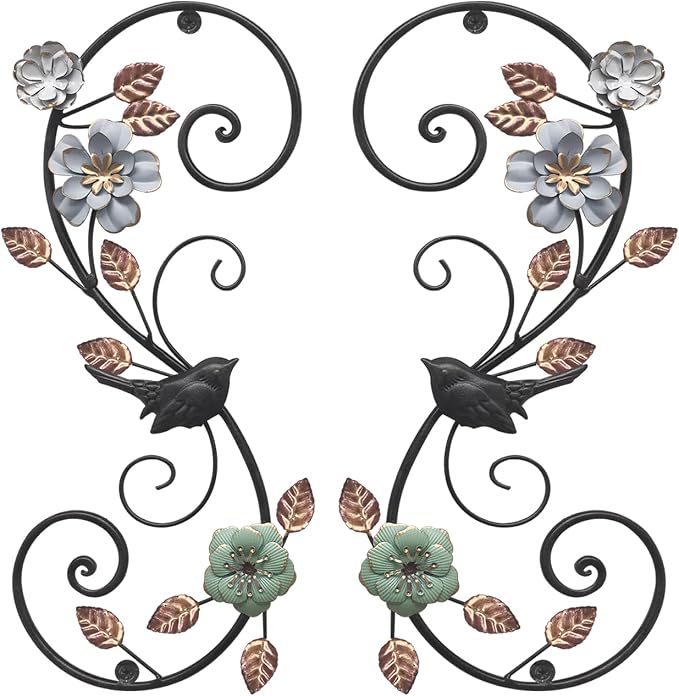 Birminwind 3D Metal Flower Wall Art: 2pcs Vintage Floral Wall Décor with Leaves Bird for Room - 15.16" Black and Gold Iron Decoration Indoor Outdoor