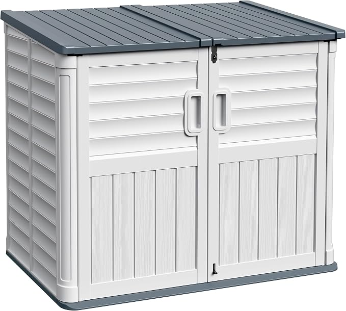 Devoko Outdoor Storage Shed, Resin, 34 Cu Ft Outdoor Storage Cabinet Without Shelf, Waterproof, Double Locks, Storage for Trash Can, Garden Tools, Pool Supplies, Beige