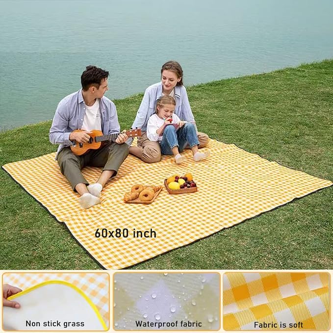 Extra Large Picnic Blanket Beach Blankets, 80''x60'' Picnic Mat Waterproof Sand Proof Foldable Portable for Outdoor Camping Hiking Travel Grass Park Music Festival Lawn Mats (yellow, 80x60 inch)