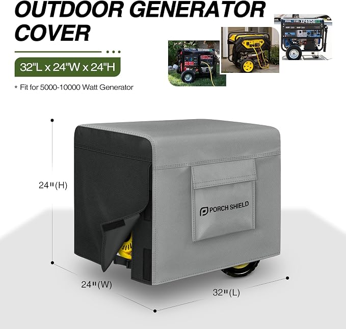 Porch Shield Waterproof Generator Cover - Heavy Duty Cover for Portable Generator 5000 to 10000 Watt (32L x 24 W x 24H inches, Black & Gray)