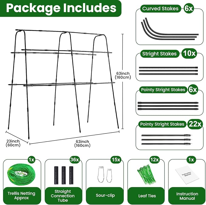 63x63 Cucumber Trellis for Raised Garden Bed, Garden Arch Trellis for Climbing Plants Outdoor, Metal Tomato Cage with Netting, Adjustable Plant Trellis for Tomatoes, Cucumbers, Beans, Peas,Black