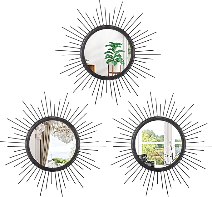3 Pack Black Metal Wall Mirrors Sunburst Wall Mirrors Home Décor Art Decorative Modern Bohemian Hanging Wall Art for Bedroom Bathroom Living Room Entryway Small 12''