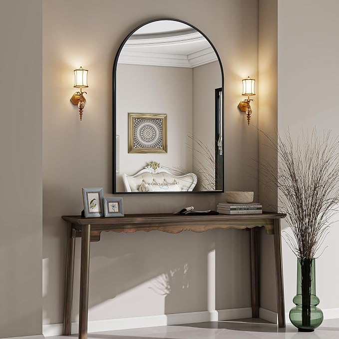 Arched Wall Mirror, 26 x 41 inch Arch Bathroom Mirror, Wall Mounted Vanity Mirror with Arch Metal Frame, Modern Bathroom Vanity Mirror for Bedroom, Living Room, Hanging or Leaning, Black