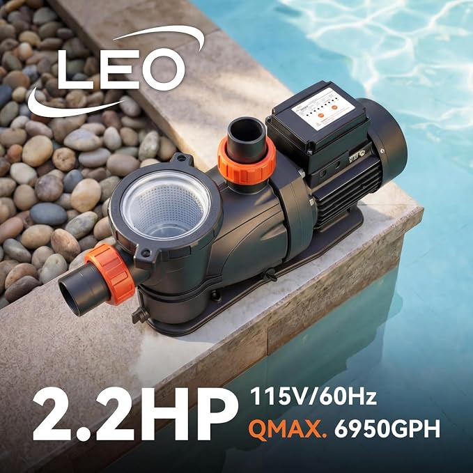 LEO 2HP In/Above Ground Pool Pump with Timer High Flow Powerful Self Priming Pool Pump, 115V 7350GPH, Black