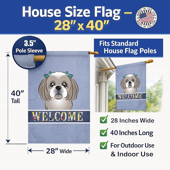 Caroline's Treasures BB1436CHF Gray Silver Shih Tzu Welcome House Flag, Blue Large Porch Sleeve Pole Decorative Outside Yard Banner Artwork Wall Hanging, Polyester, House Size, Multicolor