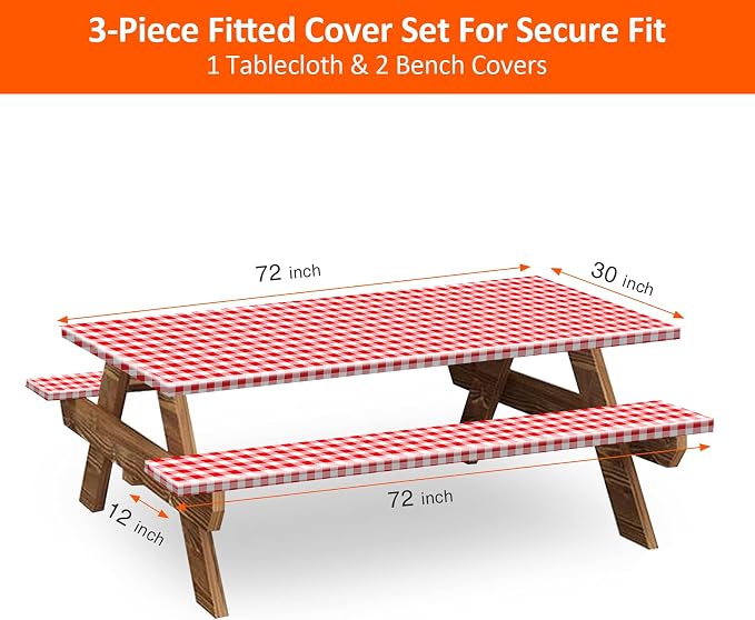 6ft Picnic Table and Bench Cover, Camping Essentials RV Gear, 72in Waterproof Windproof Outdoor Elastic All Around Tablecloth, Fitted Rectangle Tables and Seats, Red-White Checkered